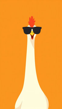 A charming and humorous illustration depicting a cool, long-necked chicken confidently wearing stylish black sunglasses, set against a vibrant orange backdrop, perfect for playful designs