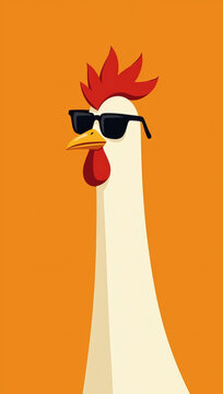 Cool rooster in sunglasses on an orange background, a fun cartoon character representing confidence and a laid-back attitude