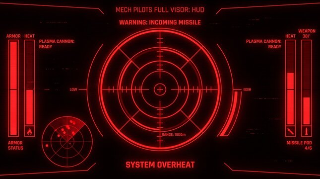 Red Futuristic Mech Pilot HUD Interface with Target Crosshair Radar Screen and Warning Display for Gaming and Sci Fi Concept 