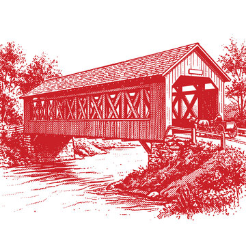covered bridge crossing a river with a horse carriage in the countryside, rural landscape illustration