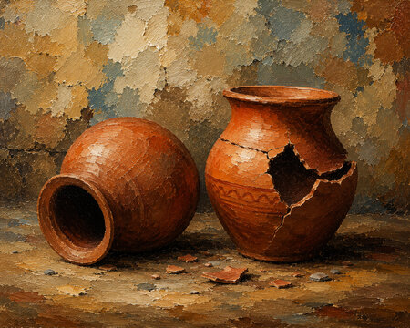 Two Terracotta Pots, One Broken and One Lying on Its Side