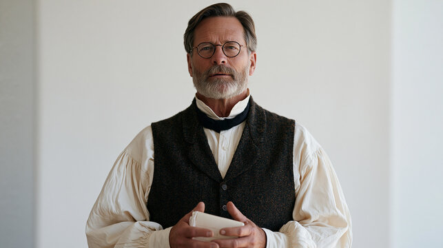 A journalist in a clean studio setting stands before a sterile white backdrop holding a period market day ledger, dressed in partial living history reenactor costume while