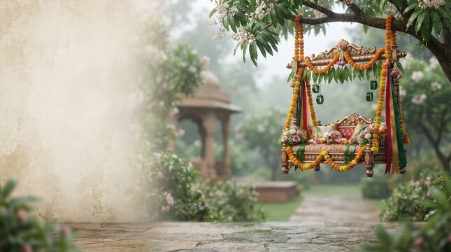 Traditional Teej Jhula Swing Decorated with Flowers and Garlands in Garden with Soft Copy Space Background