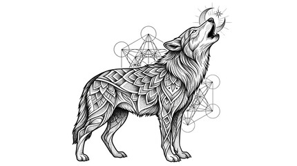 Intricate mandala wolf illustration, howling wolf with sacred geometry and crescent moon, mystical black and white animal art