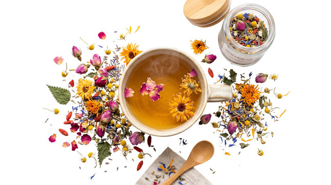 Aromatic herbal tea with dried flower petals, organic floral infusion in ceramic cup, holistic wellness beverage with rose buds isolated PNG with Transparent Background