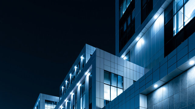 Modern architectural building exterior at night features blue illumination and geometric facades.
