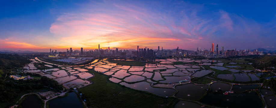 Aerial View of Shenzhen City and Ma Tso Lung Fish Ponds at Dusk, Hong Kong