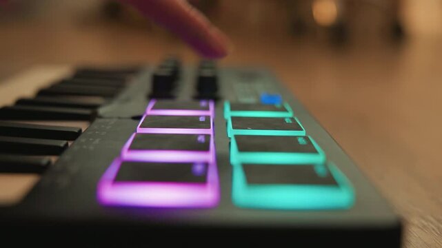 Close low angle motion view of electronic music controller with glowing purple and cyan square pads, while hand touches bright pad for active triggering, rhythmic performance and modern studio