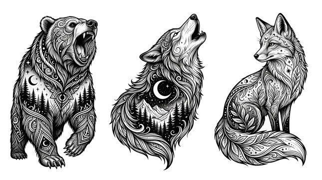 Intricate animal tattoo designs, black and white grizzly bear wolf and fox illustrations, mystical forest wildlife art set