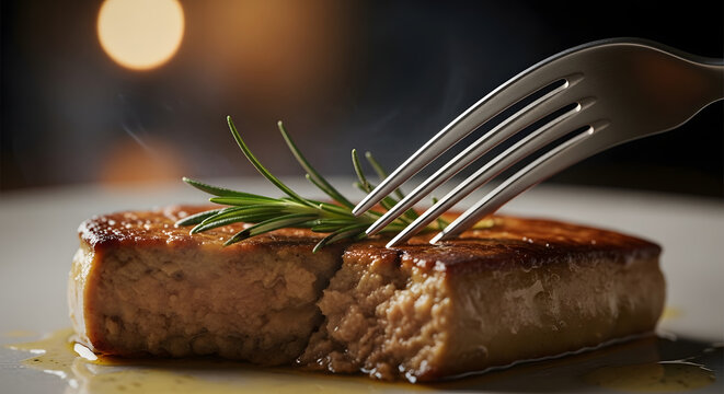 Close up of a cooked steak with a fork and rosemary garnish transparent background