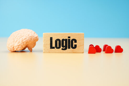 Logic concept with human brain model and red hearts on blue background, representing rational thinking, reasoning, emotional intelligence, decision making and psychology.