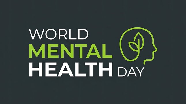 A professional graphic design featuring the text world mental health day with a stylized human head icon on dark background imagery