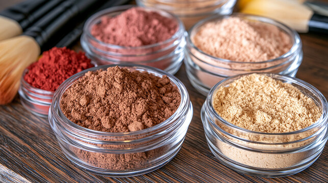 Assorted loose and pressed powders in warm terracotta, rose, peach and beige tones arranged on a dark wooden tabletop, brushes with slightly colored bristles, rich natural shadows, sophisticated bea