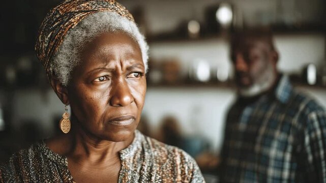 Serious elderly African American woman with sad husband in the background in a home setting. The concept of quarrel, family difficulties, relationship tension