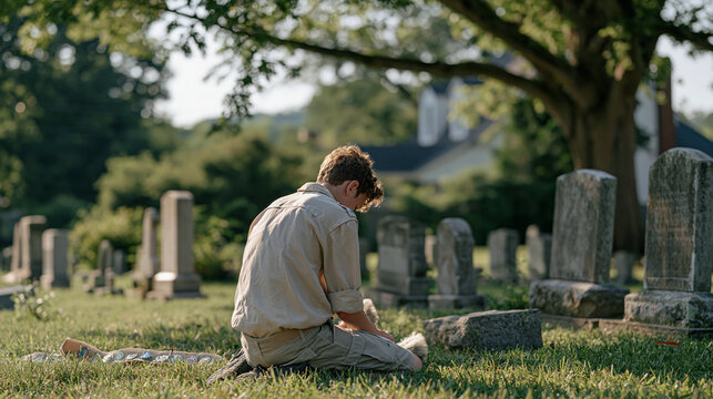 Over the shoulder view of a young scout troop volunteer kneeling in a quiet rural cemetery, carefully scrubbing aged headstones with soft brushes under dappled tree shade while a