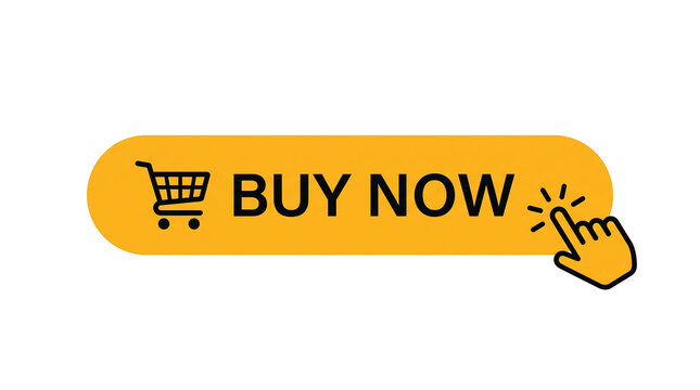 Vibrant orange buy now button with a shopping cart icon and a clicking hand cursor