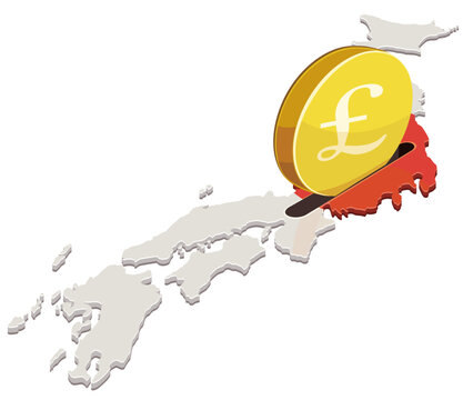 3D isometric map of Japan with flag texture, slot and gold pound coin representing financial investment, economic funding, international trade, and money savings (cut out)
