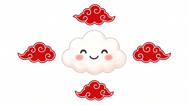 Cute cartoon cloud with smiling face and rosy cheeks, surrounded by four decorative red swirling clouds, symmetrical playful artistic composition.
