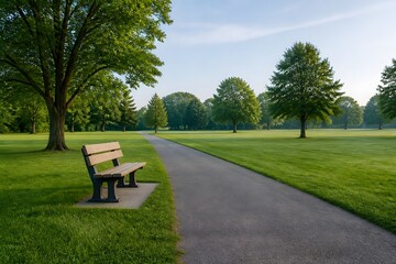 Fototapeta premium Park pathway with a bench under green trees