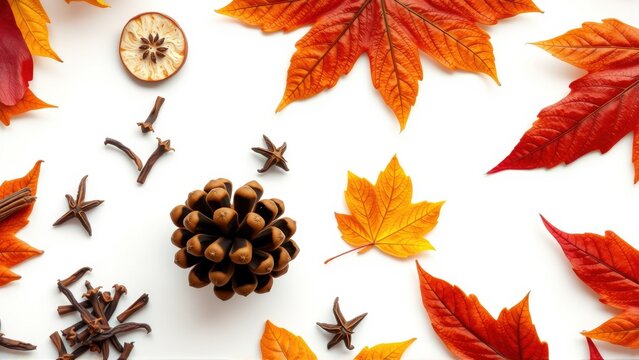 Autumn composition. Leaves, spices, pinecone on white surface. Warm tones, flat lay, seasonal decor. Festive, natural elements.