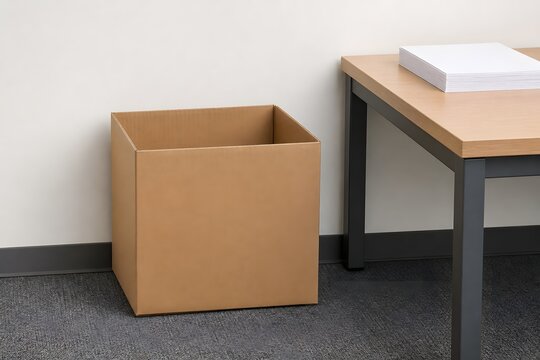 Cardboard recycling box placed beside an office desk