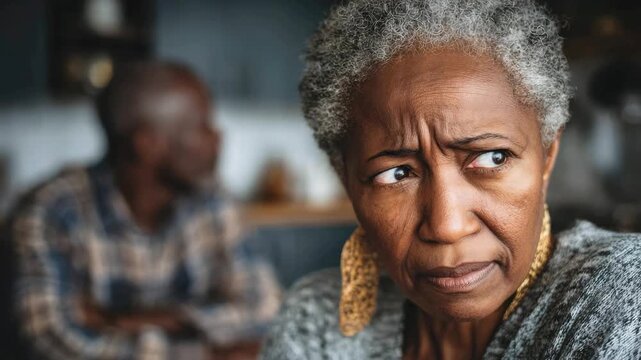 Serious elderly African American woman with sad husband in the background in a home setting. The concept of quarrel, family difficulties, relationship tension
