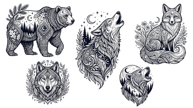 Celestial forest animal tattoo set, mystical wolf and bear illustrations, bohemian fox and wildlife line art collection