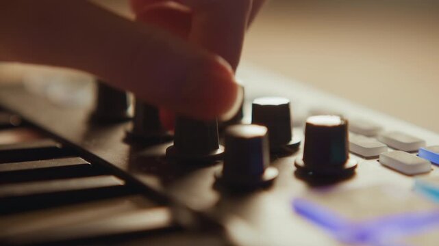 Extreme close-up shows fingertips rotating control knob on electronic music device, with subtle motion blur, warm illumination, blue LED accent, and focused hands-on sound control, with knob, finger