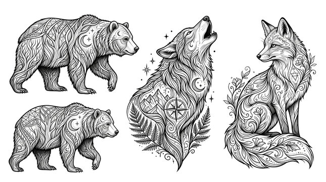 Boho celestial animal illustrations, mystical bear wolf and fox line art, spiritual wildlife tattoo sketches on white background