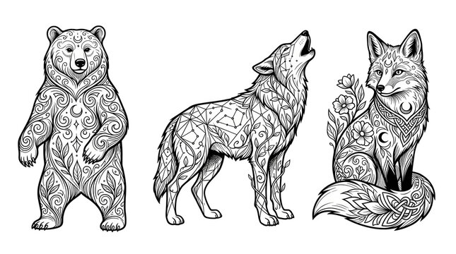 Intricate mandala animal illustrations, ornate bear wolf and fox line art set, bohemian wildlife coloring book graphics on white
