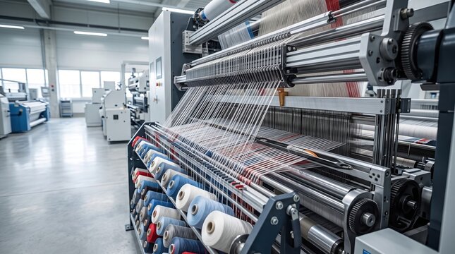 A textile machine works during the day in a fabric manufacturing facility. Spools of colored thread are visible while the machine weaves fabric
