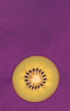 A juicy slice of green kiwi on a purple background. Fruit, symmetry, colors, book cover, illustration
