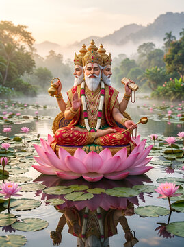 Lord Brahma Hindu Deity in Ancient Indian Temple and Sacred Landscape | Lord Brahma Hindu God 