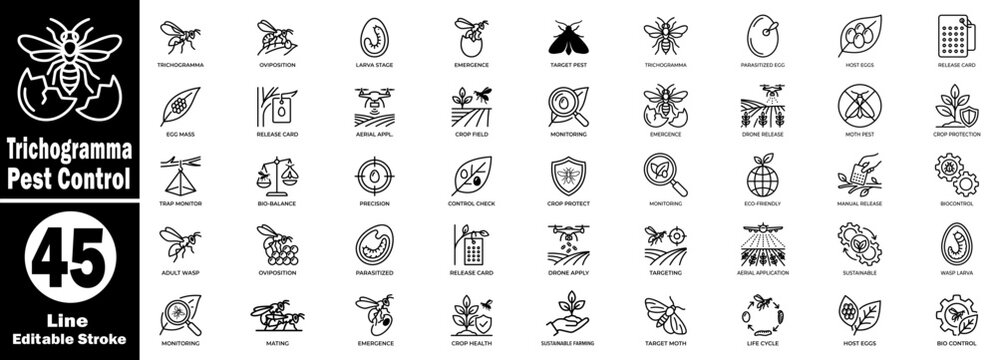 Trichogramma pest control outline icon set. Featuring 45 biological protection symbols describing beneficial, editable strokes. vector illustration