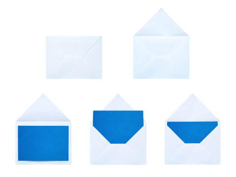 Clean white envelopes with vivid blue blank cards for professional corporate mail and official invitations on a transparent background