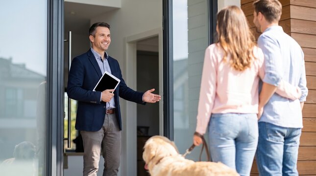 A real estate agent stands at the doorway, smiling and greeting two clients who are visiting for a home showing. The setting is bright and inviting, showcasing an interior