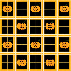Cute halloween pumpkin seamless pattern on orange plaid background.