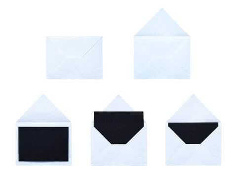 Classic white envelopes holding black blank cards suited for premium VIP invitations and respectful funeral announcements on a transparent background