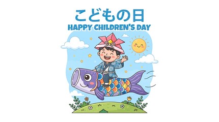 Fototapeta premium Japanese Children Day Celebration Vector Illustration With Boy Riding Carp Streamer Banner Design