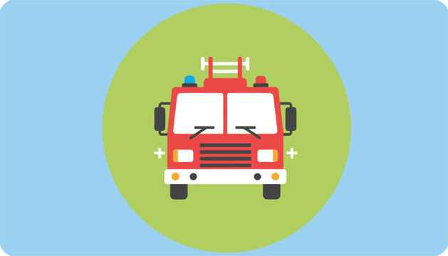Cute red fire truck icon with flashing lights and a ladder, presented on a light green circle background with blue sky border.