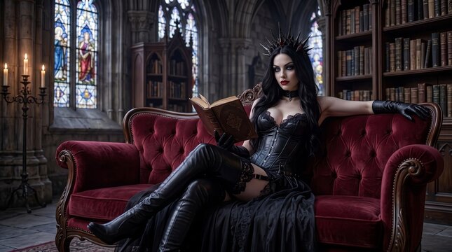 Sensual gothic woman in a black corset reclining on a vintage sofa in a dark moody interior