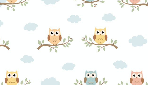 Cute owls of different colors sitting on leafy branches create a seamless pattern with clouds on white background.