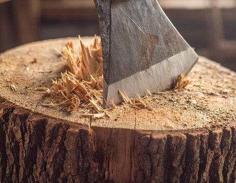 Closeup of axe blade embedded in wooden log with wood chips and sawdust natural craftsmanship concept generative ai ai generated