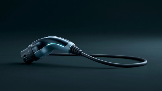Modern electric vehicle charging plug cable on dark minimalist background.
