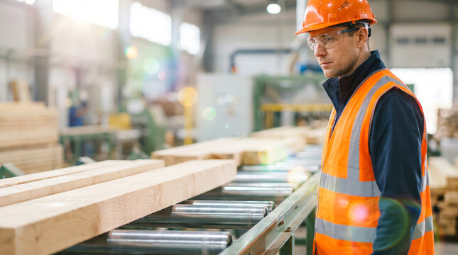 A worker in safety gear watches wooden planks move along a conveyor belt in a factory. The scene takes place in a workshop filled with equipment and wood materials