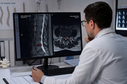Ai generated image of male doctor examining lumbar spine mri scan showing herniated disc on monitor