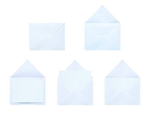 Pure white envelopes with blank note cards designed for minimalist wedding announcements on a transparent background