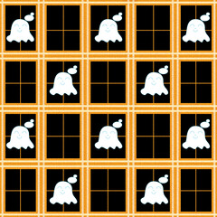 Cute ghost halloween seamless pattern on orange plaid background.