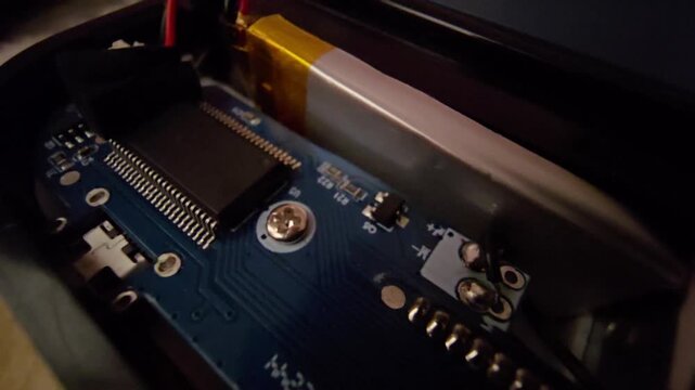 Close-up view of printed circuit board PCB and rechargeable lithium polymer battery inside a smart time-lock box electronics assembly