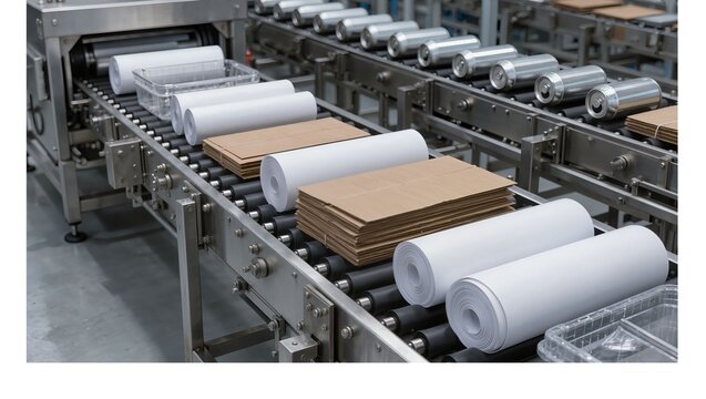 Modern recycling centre with automated conveyor lines sorting paper rolls, cardboard and aluminum cans, ideal for sustainability campaigns, circular economy ads, websites and sector reports.